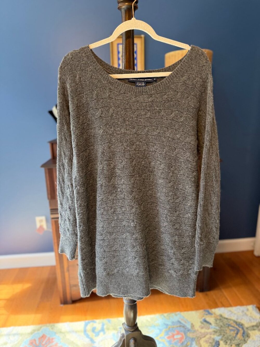 Ralph Lauren Sport Women’s M Gray Cable Knit Sweater Tunic Length Scoop Neck Pul